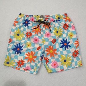 Distortion Men Swim Trunks Floral Checkered Drawstring 3 pockets Large‎ NWT